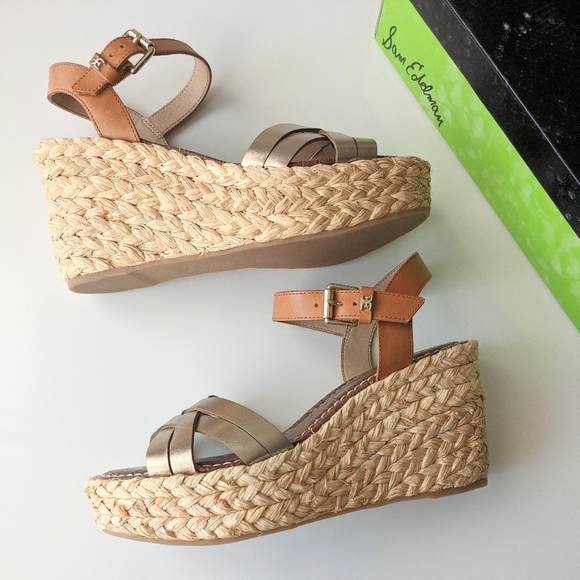 New! SAM EDELMAN Darline Gold Leather Espadrilles Wedge Sandals Heel Size 9.5 - Picture 11 of 16